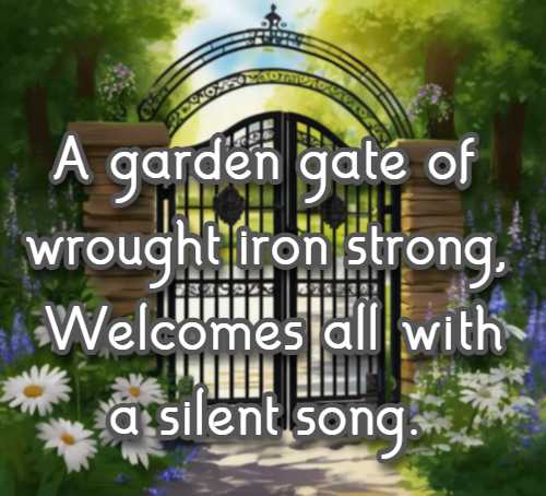 A garden gate of wrought iron strong, Welcomes all with a silent song.