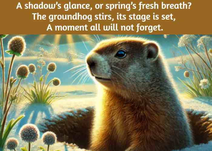 A shadow’s glance, or spring’s fresh breath? The groundhog stirs, its stage is set, A moment all will not forget.