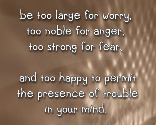 be too large for worry, too noble for anger, too strong for fear, and too happy to permit the presence of trouble in your mind.