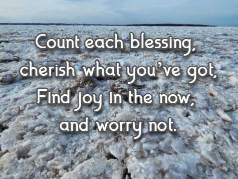 Count each blessing, cherish what you’ve got, Find joy in the now, and worry not.