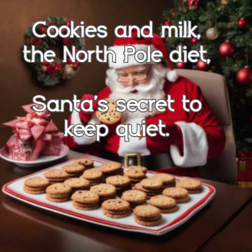 Cookies and milk, the North Pole diet, Santa's secret to keep quiet.