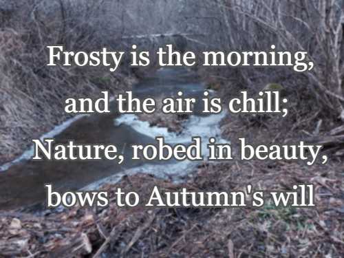 Frosty is the morning, and the air is chill; Nature, robed in beauty, bows to Autumn's will