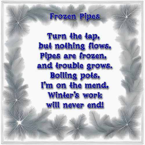 Frozen Pipes Turn the tap, but nothing flows, Pipes are frozen, and trouble grows. Boiling pots, I’m on the mend, Winter’s work will never end!