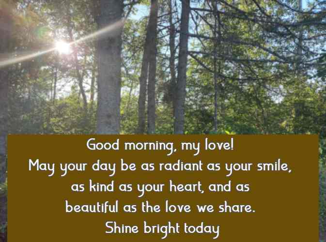 Good morning, my love! May your day be as radiant as your smile, as kind as your heart, and as beautiful as the love we share. Shine bright today