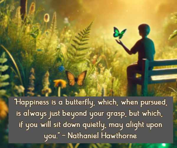 Happiness is a butterfly, which, when pursued, is always just beyond your grasp, but which, if you will sit down quietly, may alight upon you. – Nathaniel Hawthorne