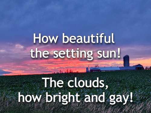 How beautiful the setting sun! The clouds, how bright and gay!