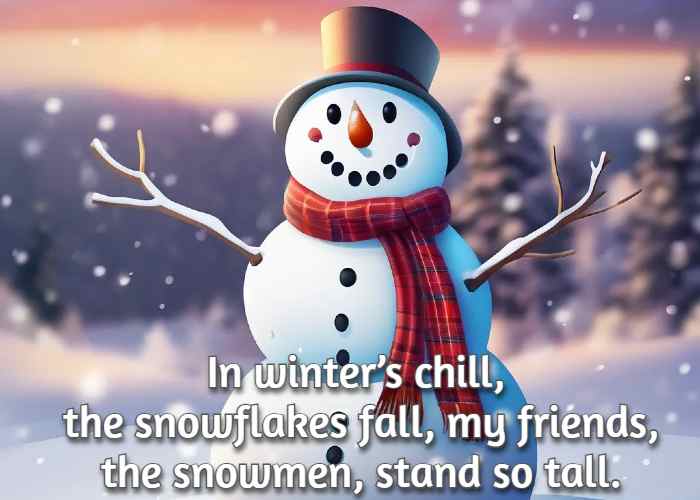 In winter’s chill, the snowflakes fall, my friends, the snowmen, stand so tall.