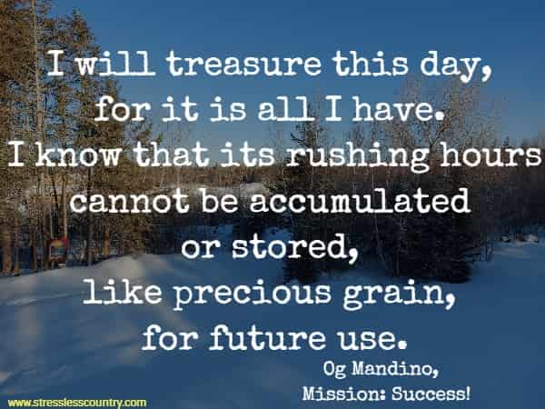 I will treasure this day, for it is all I have. I know that its rushing hours cannot be accumulated or stored, like precious grain, for future use.