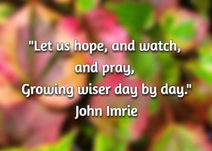 Let us hope, and watch, and pray, Growing wiser day by day. John Imrie