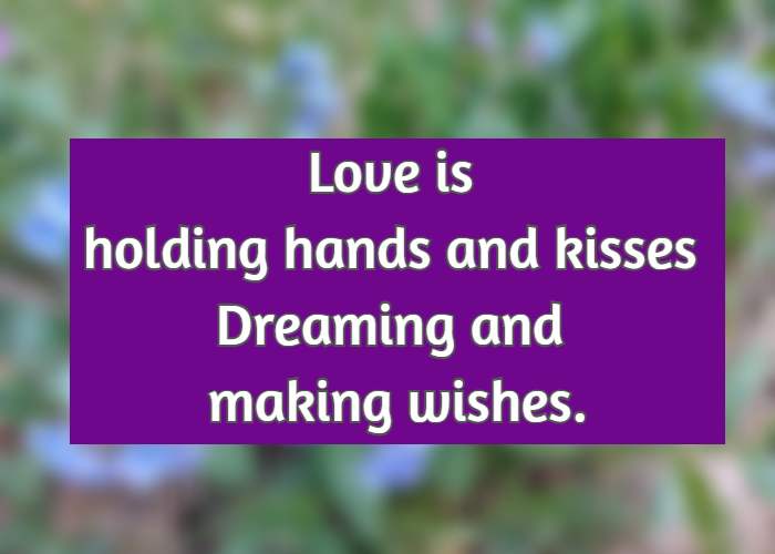 Love is holding hands and kisses Dreaming and making wishes.