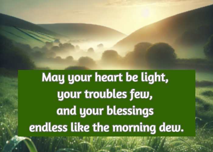 May your heart be light, your troubles few, and your blessings endless like the morning dew.