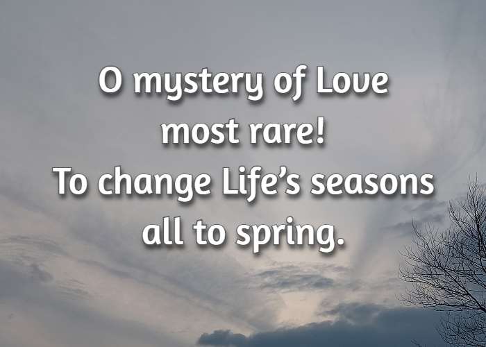 O mystery of Love most rare! To change Life’s seasons all to spring.