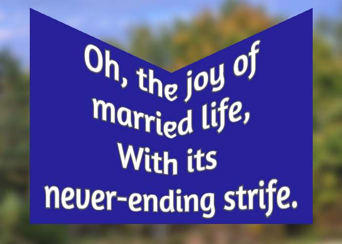 Oh, the joy of married life, With its never-ending strife.