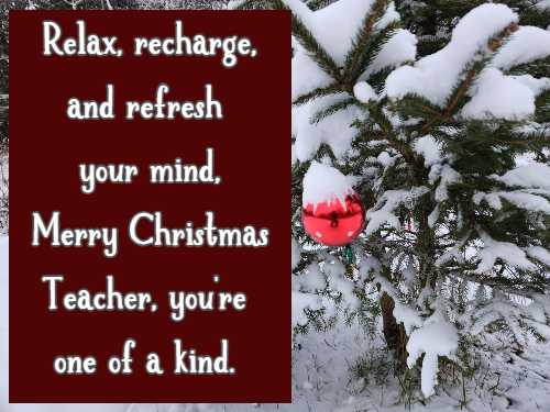 Relax, recharge, and refresh your mind, Merry Christmas Teacher, you're one of a kind.