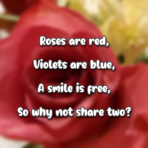 Roses are red, Violets are blue, A smile is free, So why not share two?