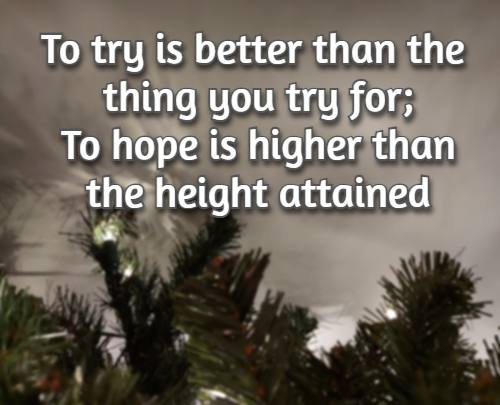 To try is better than the thing you try for; To hope is higher than the height attained