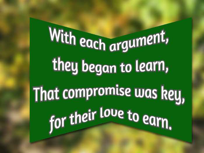 With each argument, they began to learn,That compromise was key, for their love to earn.