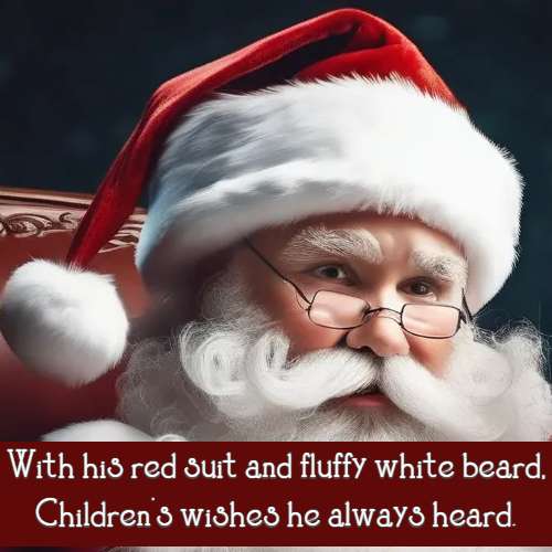 With his red suit and fluffy white beard, Children's wishes he always heard.