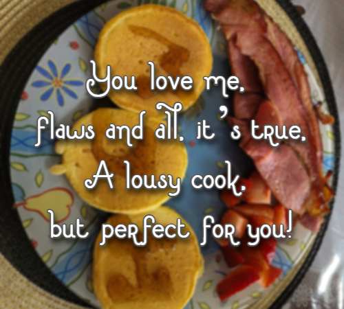 You love me, flaws and all, it’s true, A lousy cook, but perfect for you!