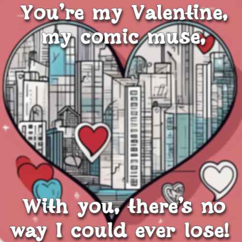 You’re my Valentine, my comic muse, With you, there’s no way I could ever lose!